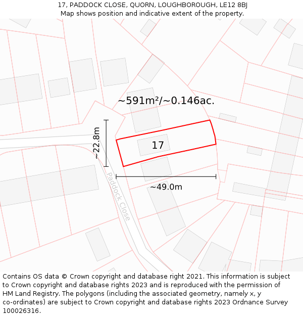 17, PADDOCK CLOSE, QUORN, LOUGHBOROUGH, LE12 8BJ: Plot and title map