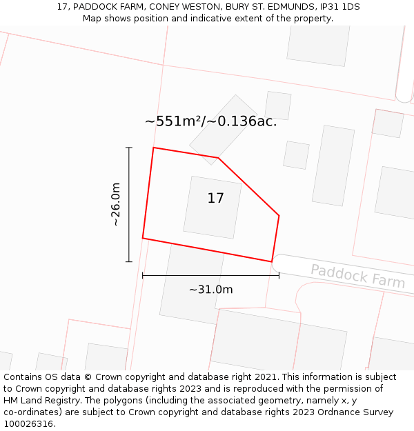 17, PADDOCK FARM, CONEY WESTON, BURY ST. EDMUNDS, IP31 1DS: Plot and title map