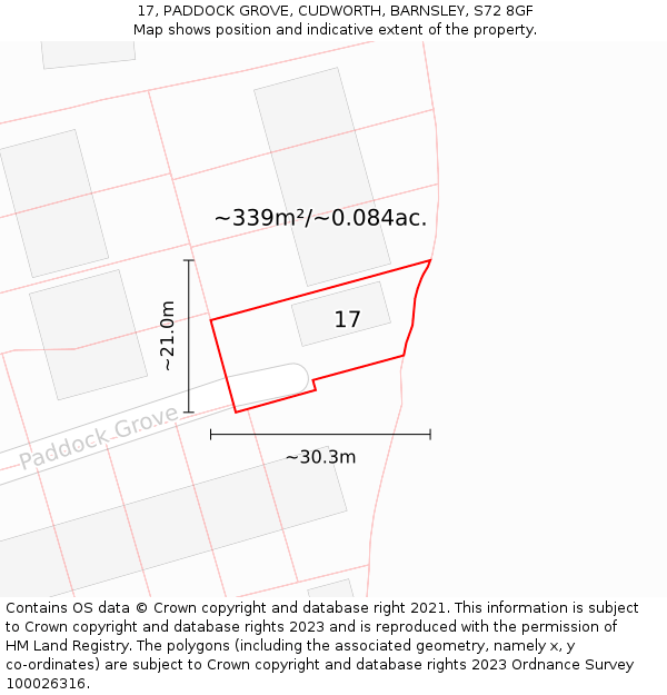 17, PADDOCK GROVE, CUDWORTH, BARNSLEY, S72 8GF: Plot and title map