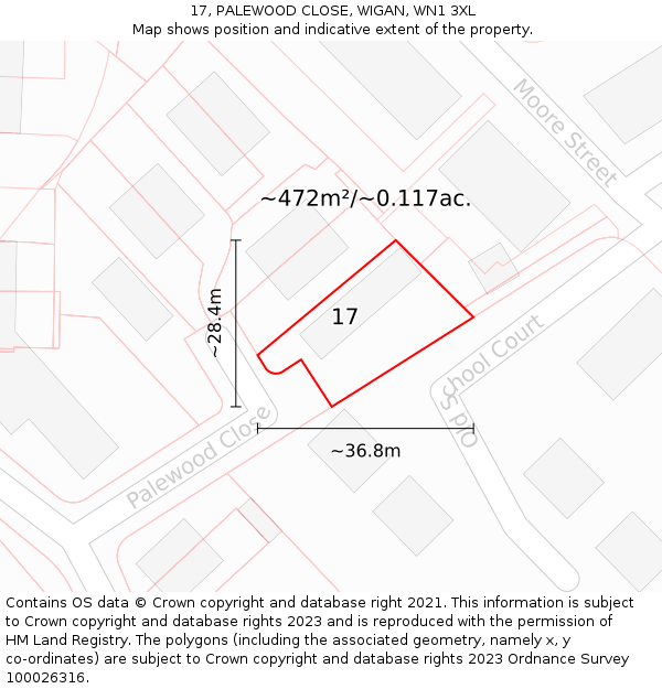 17, PALEWOOD CLOSE, WIGAN, WN1 3XL: Plot and title map