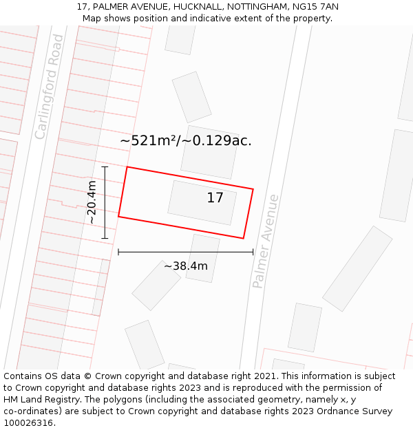 17, PALMER AVENUE, HUCKNALL, NOTTINGHAM, NG15 7AN: Plot and title map