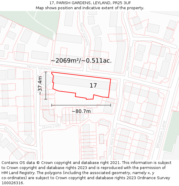 17, PARISH GARDENS, LEYLAND, PR25 3UF: Plot and title map