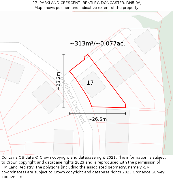 17, PARKLAND CRESCENT, BENTLEY, DONCASTER, DN5 0AJ: Plot and title map