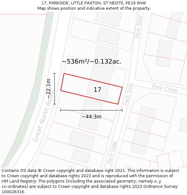 17, PARKSIDE, LITTLE PAXTON, ST NEOTS, PE19 6NW: Plot and title map