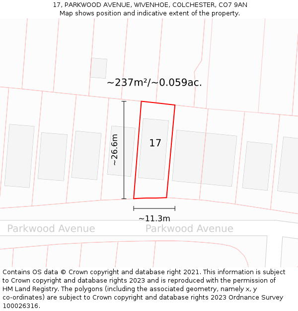 17, PARKWOOD AVENUE, WIVENHOE, COLCHESTER, CO7 9AN: Plot and title map