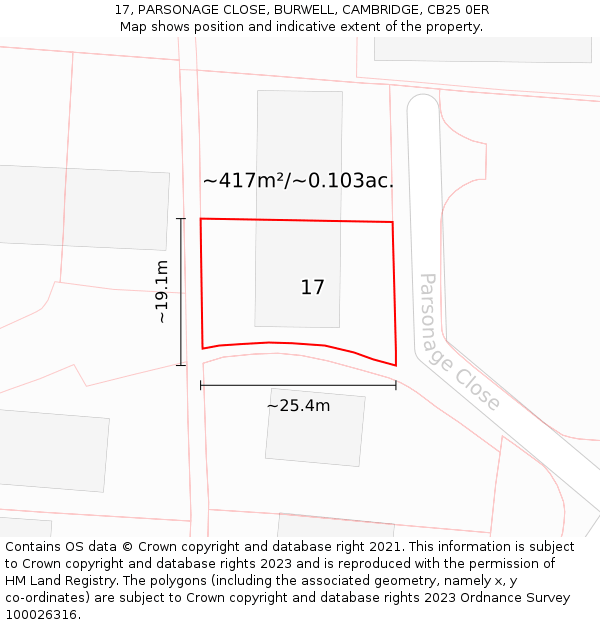 17, PARSONAGE CLOSE, BURWELL, CAMBRIDGE, CB25 0ER: Plot and title map
