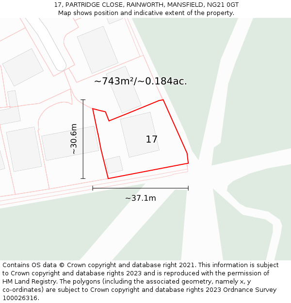 17, PARTRIDGE CLOSE, RAINWORTH, MANSFIELD, NG21 0GT: Plot and title map