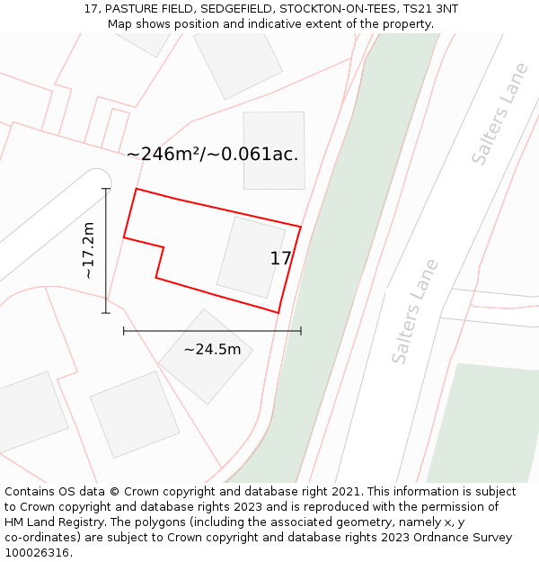 17, PASTURE FIELD, SEDGEFIELD, STOCKTON-ON-TEES, TS21 3NT: Plot and title map