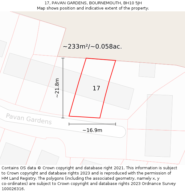 17, PAVAN GARDENS, BOURNEMOUTH, BH10 5JH: Plot and title map