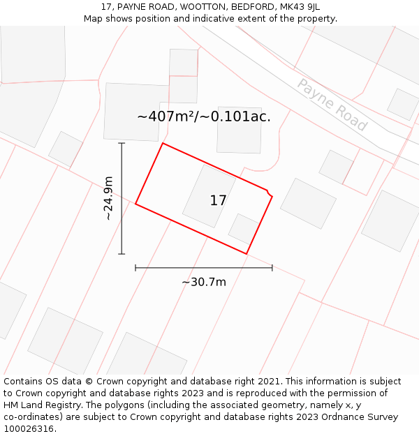 17, PAYNE ROAD, WOOTTON, BEDFORD, MK43 9JL: Plot and title map