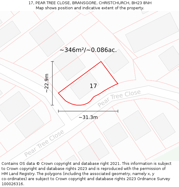 17, PEAR TREE CLOSE, BRANSGORE, CHRISTCHURCH, BH23 8NH: Plot and title map