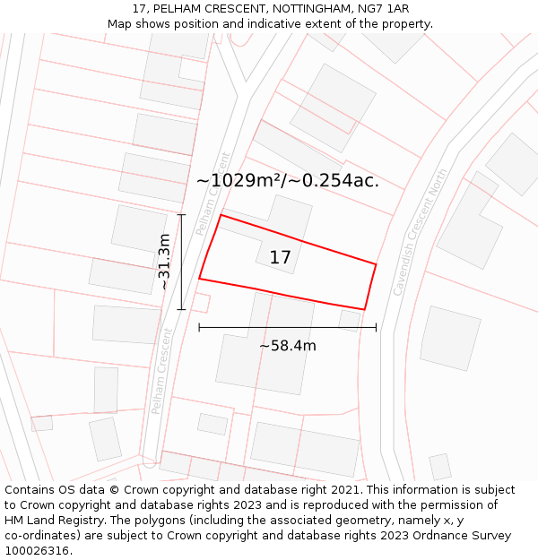 17, PELHAM CRESCENT, NOTTINGHAM, NG7 1AR: Plot and title map