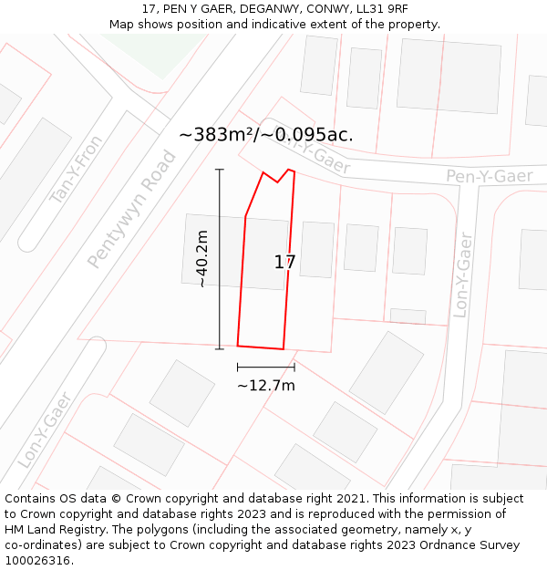 17, PEN Y GAER, DEGANWY, CONWY, LL31 9RF: Plot and title map