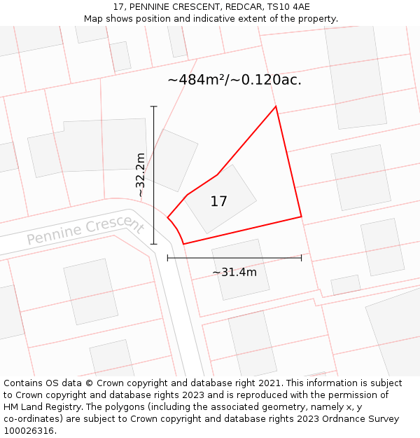 17, PENNINE CRESCENT, REDCAR, TS10 4AE: Plot and title map