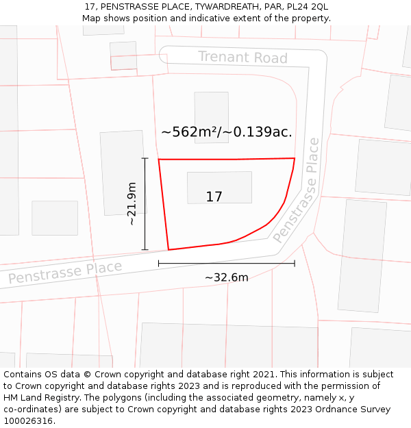 17, PENSTRASSE PLACE, TYWARDREATH, PAR, PL24 2QL: Plot and title map
