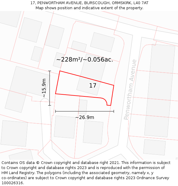 17, PENWORTHAM AVENUE, BURSCOUGH, ORMSKIRK, L40 7AT: Plot and title map