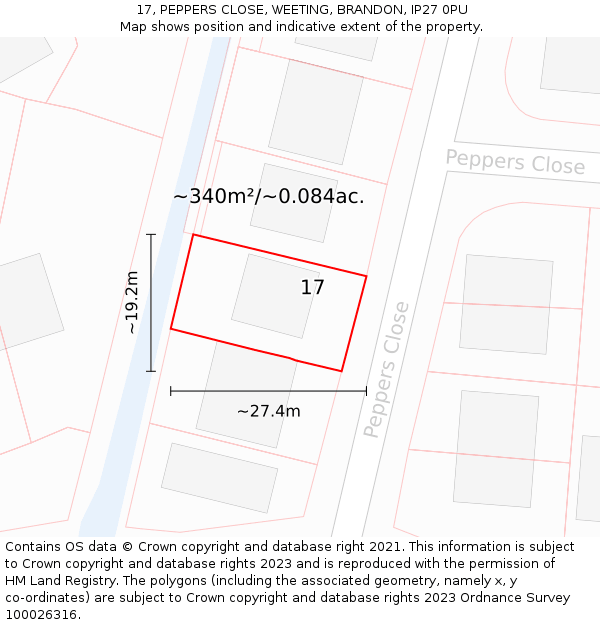 17, PEPPERS CLOSE, WEETING, BRANDON, IP27 0PU: Plot and title map