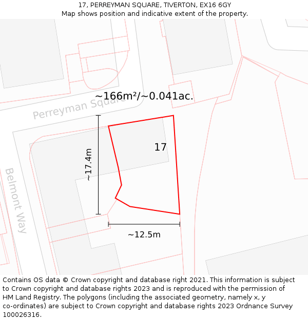 17, PERREYMAN SQUARE, TIVERTON, EX16 6GY: Plot and title map