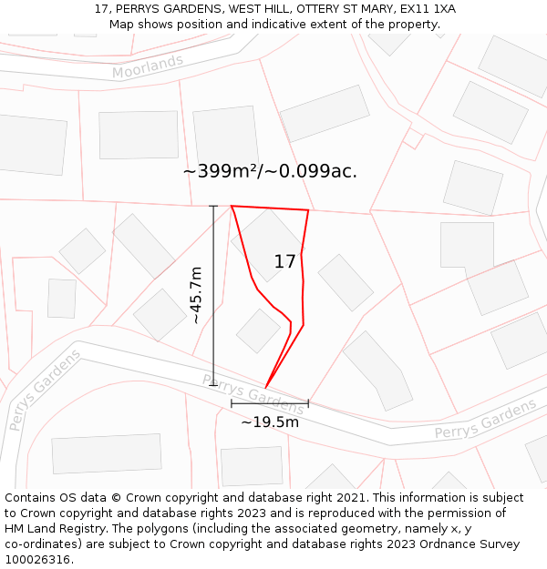 17, PERRYS GARDENS, WEST HILL, OTTERY ST MARY, EX11 1XA: Plot and title map