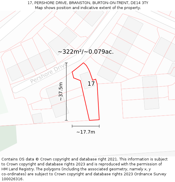 17, PERSHORE DRIVE, BRANSTON, BURTON-ON-TRENT, DE14 3TY: Plot and title map