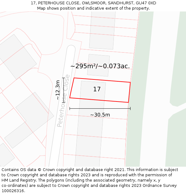 17, PETERHOUSE CLOSE, OWLSMOOR, SANDHURST, GU47 0XD: Plot and title map