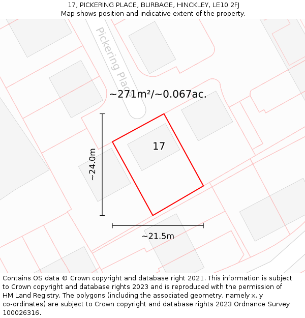 17, PICKERING PLACE, BURBAGE, HINCKLEY, LE10 2FJ: Plot and title map