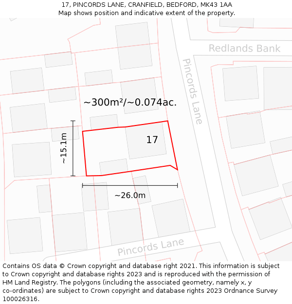 17, PINCORDS LANE, CRANFIELD, BEDFORD, MK43 1AA: Plot and title map