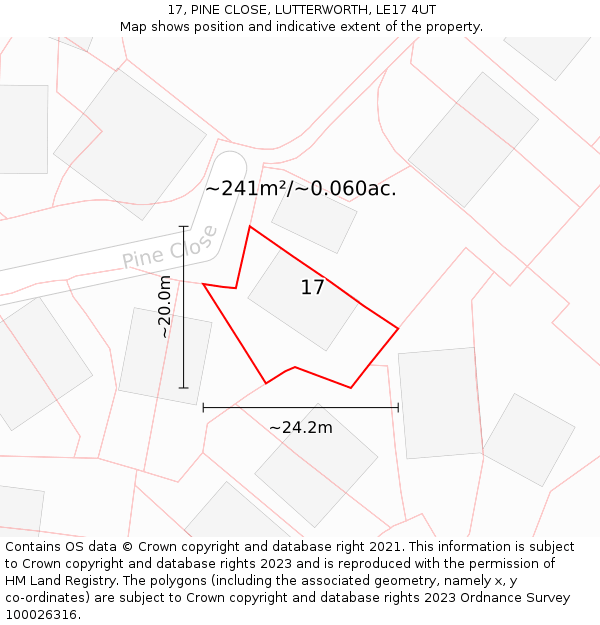 17, PINE CLOSE, LUTTERWORTH, LE17 4UT: Plot and title map