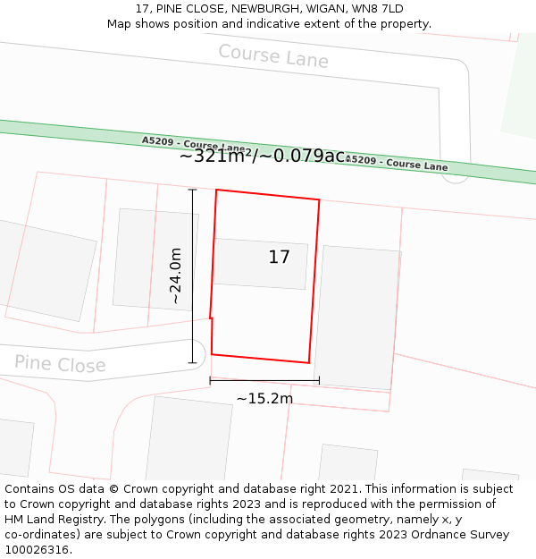 17, PINE CLOSE, NEWBURGH, WIGAN, WN8 7LD: Plot and title map