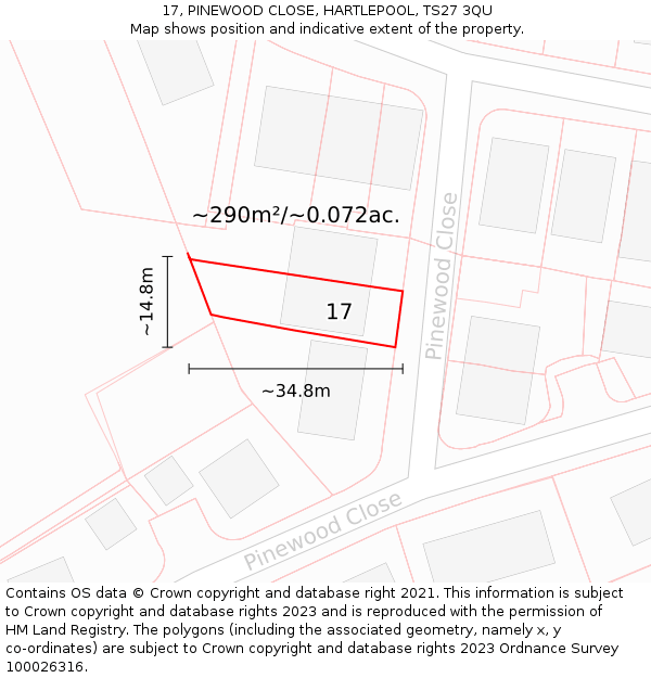 17, PINEWOOD CLOSE, HARTLEPOOL, TS27 3QU: Plot and title map
