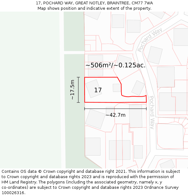 17, POCHARD WAY, GREAT NOTLEY, BRAINTREE, CM77 7WA: Plot and title map