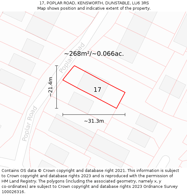 17, POPLAR ROAD, KENSWORTH, DUNSTABLE, LU6 3RS: Plot and title map