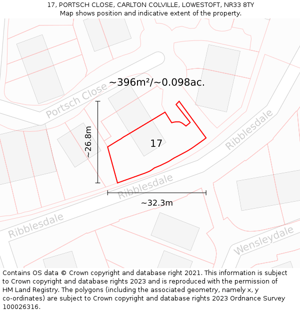 17, PORTSCH CLOSE, CARLTON COLVILLE, LOWESTOFT, NR33 8TY: Plot and title map