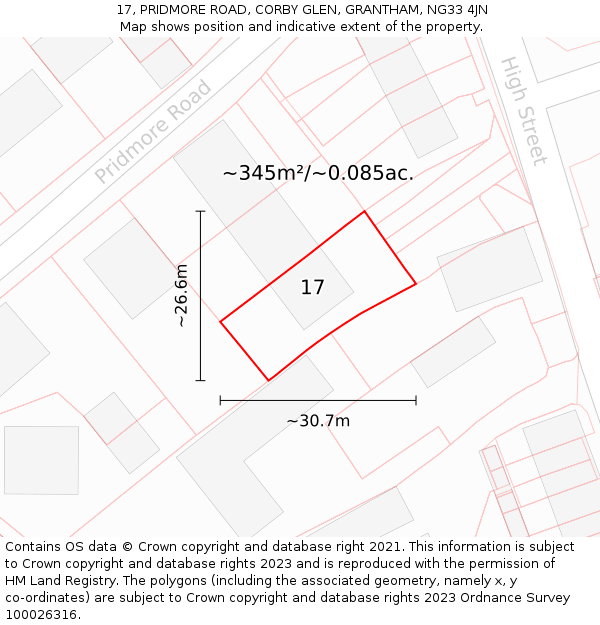17, PRIDMORE ROAD, CORBY GLEN, GRANTHAM, NG33 4JN: Plot and title map