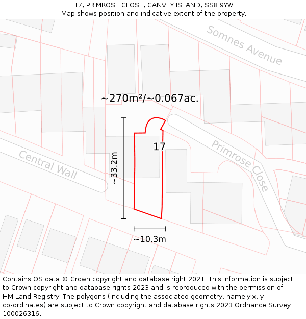 17, PRIMROSE CLOSE, CANVEY ISLAND, SS8 9YW: Plot and title map