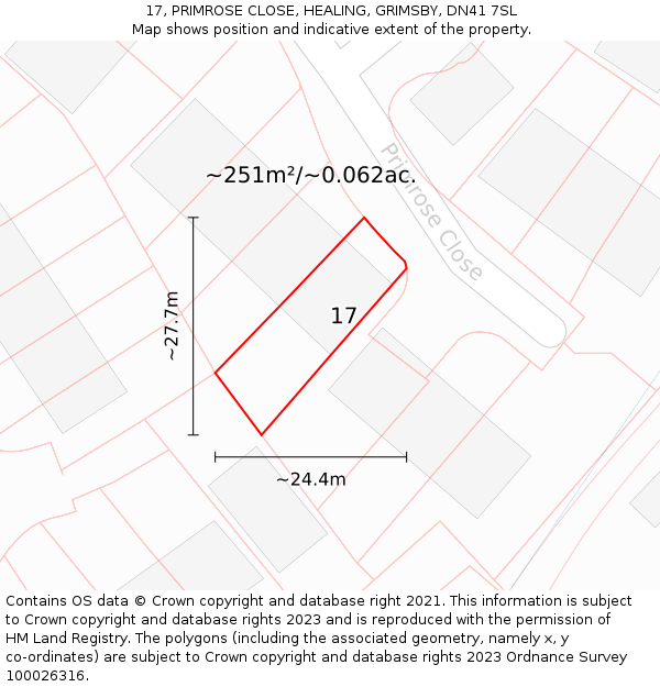 17, PRIMROSE CLOSE, HEALING, GRIMSBY, DN41 7SL: Plot and title map