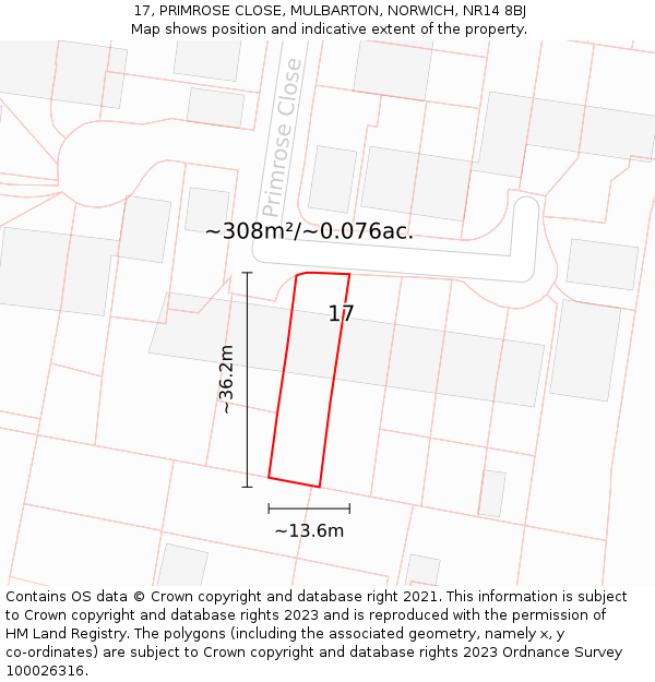 17, PRIMROSE CLOSE, MULBARTON, NORWICH, NR14 8BJ: Plot and title map