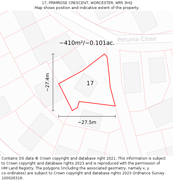 17, PRIMROSE CRESCENT, WORCESTER, WR5 3HQ: Plot and title map