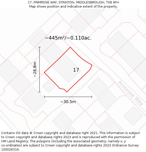 17, PRIMROSE WAY, STAINTON, MIDDLESBROUGH, TS8 9FH: Plot and title map