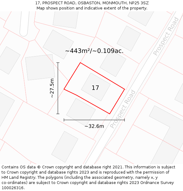 17, PROSPECT ROAD, OSBASTON, MONMOUTH, NP25 3SZ: Plot and title map
