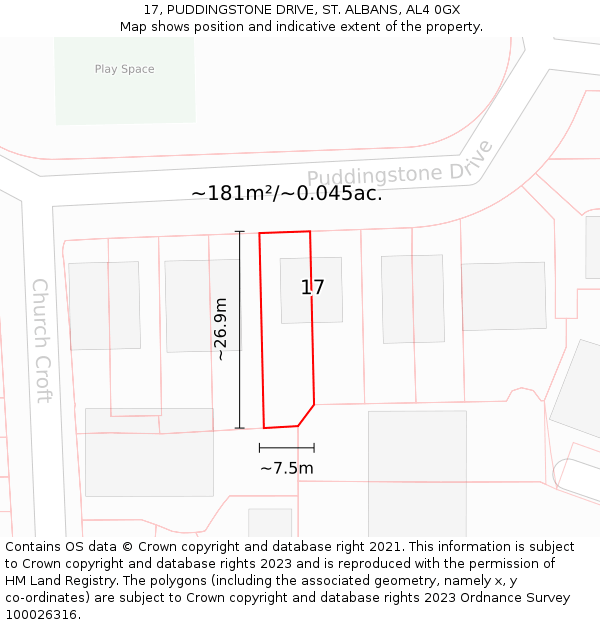 17, PUDDINGSTONE DRIVE, ST. ALBANS, AL4 0GX: Plot and title map