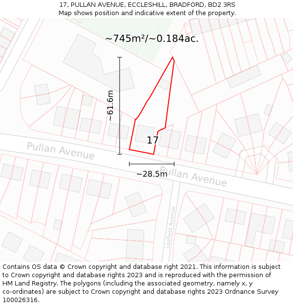 17, PULLAN AVENUE, ECCLESHILL, BRADFORD, BD2 3RS: Plot and title map