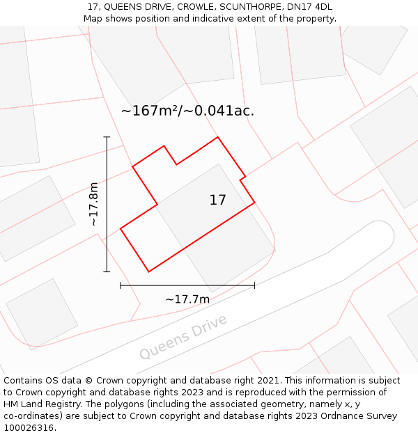 17, QUEENS DRIVE, CROWLE, SCUNTHORPE, DN17 4DL: Plot and title map