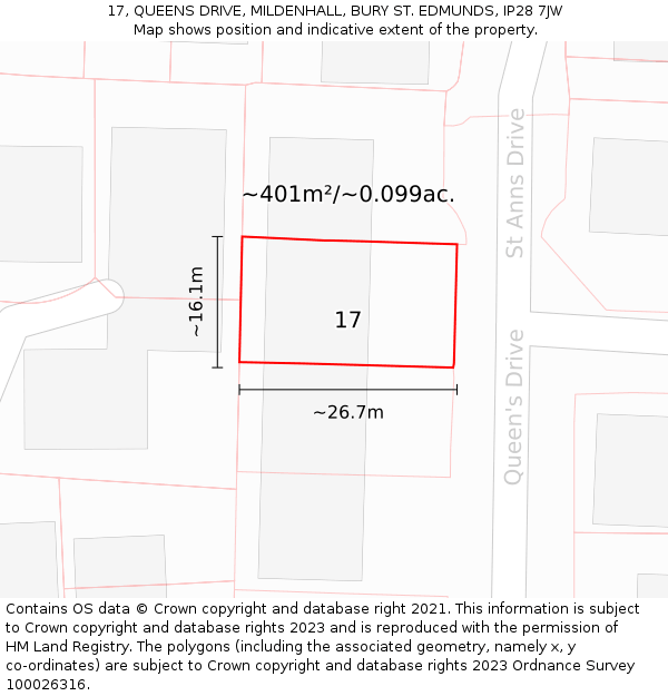 17, QUEENS DRIVE, MILDENHALL, BURY ST. EDMUNDS, IP28 7JW: Plot and title map