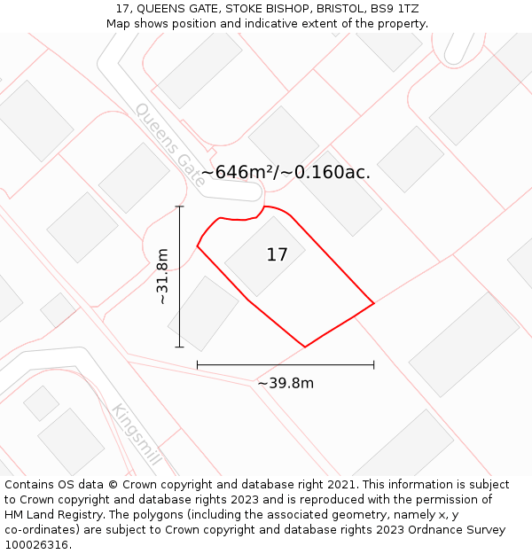 17, QUEENS GATE, STOKE BISHOP, BRISTOL, BS9 1TZ: Plot and title map