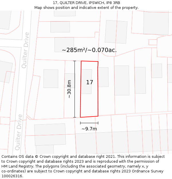 17, QUILTER DRIVE, IPSWICH, IP8 3RB: Plot and title map