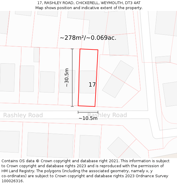 17, RASHLEY ROAD, CHICKERELL, WEYMOUTH, DT3 4AT: Plot and title map