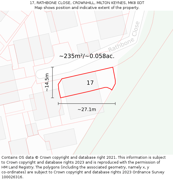17, RATHBONE CLOSE, CROWNHILL, MILTON KEYNES, MK8 0DT: Plot and title map