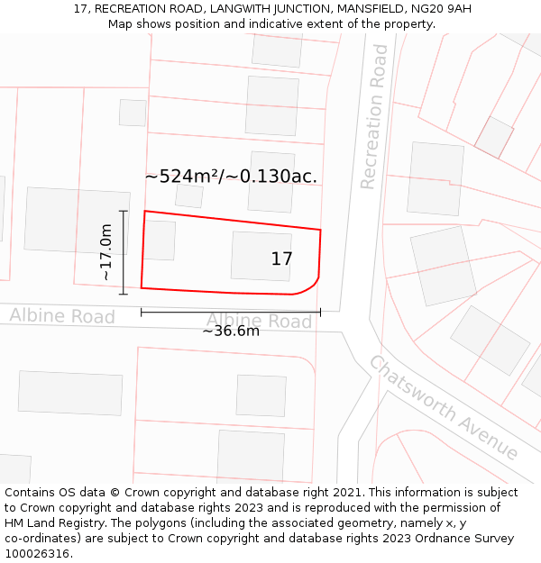 17, RECREATION ROAD, LANGWITH JUNCTION, MANSFIELD, NG20 9AH: Plot and title map