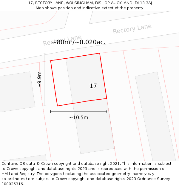 17, RECTORY LANE, WOLSINGHAM, BISHOP AUCKLAND, DL13 3AJ: Plot and title map